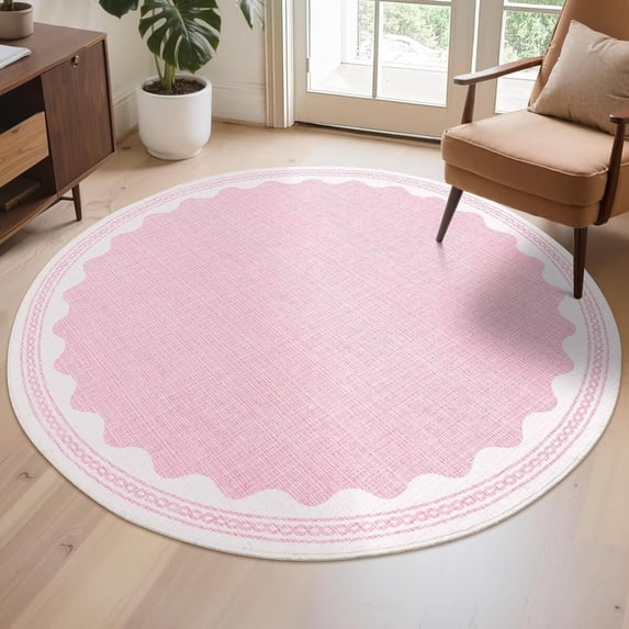 Hasoo Scalloped Washable Area Rug for Living Room Dorm Non Slip Indoor Geometric Bordered Throw Carpet, Round 4' x 4' Pink