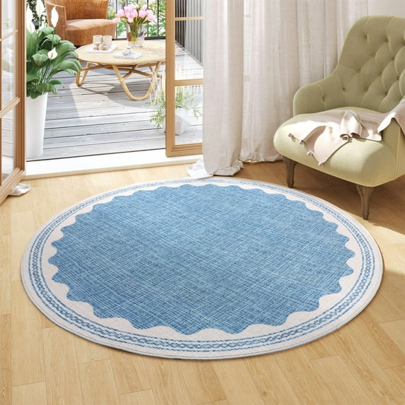 Hasoo Scalloped Washable Area Rug for Living Room Dorm Non Slip Indoor Geometric Bordered Throw Carpet, Round 6' x 6' Blue