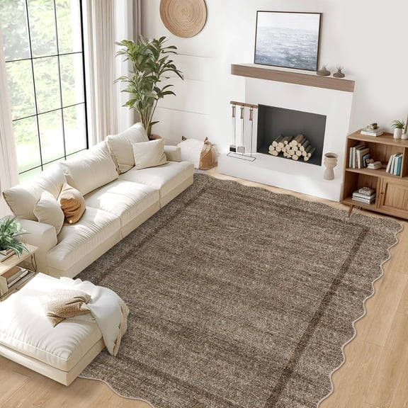 Hasoo Taupe Wavy Border Area Rug for Dining Room Indoor Bedroom Soft Textured 8' x 10' Carpet Stain-Resistant