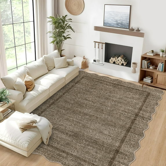 Hasoo Taupe Wavy Border Area Rug for Living Room Indoor Bedroom Soft Textured 5' x 7' Carpet with Non-Slip Backing