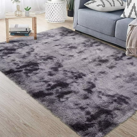 Hasoo Tie-dyed Fluffy 5' x 8' Dark Gray Area Rugs Soft and Thick Faux Indoor Shag Rug Home Decor Nursery Carpets