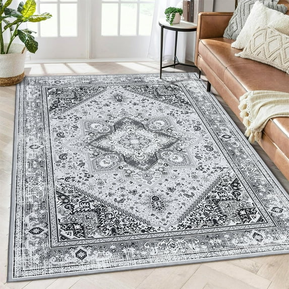 Hasoo Traditional Area Rug 5' x 7' Gray Multi Flodable Floral Print Distressed Non Slip Indoor Rug for Living Room Bathroom Kitchen Bedroom
