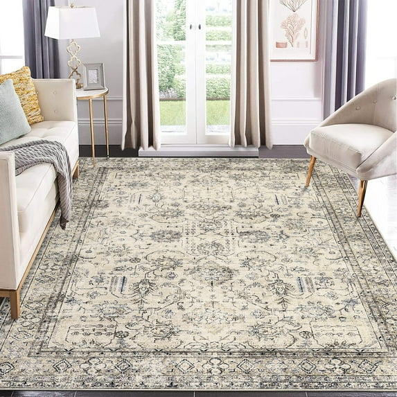 Hasoo Traditional Area Rugs 8' x 10' Foldable Persian Oriental Floral Print Carpet Non Slip Indoor Thin Rug for Living Room Bedroom Kitchen Beige Brown