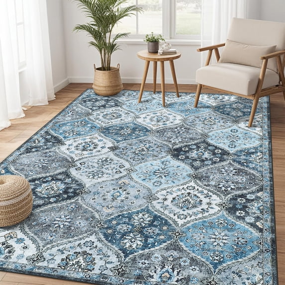 Hasoo Washable Area Rug 5' x 7' Floral Rug for Living Room Soft Polyester Accent Indoor Carpet, Gray/Blue
