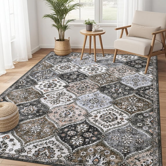 Hasoo Washable Area Rug 5' x 7' Floral Rug for Living Room Soft Polyester Accent Indoor Carpet, Gray/Brown