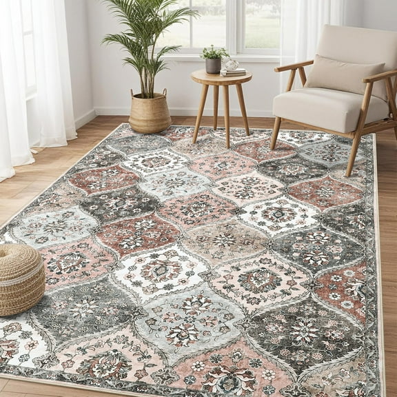 Hasoo Washable Area Rug 5' x 7' Floral Rug for Living Room Soft Polyester Accent Indoor Carpet, Gray/Pink