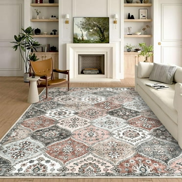 Hasoo Traditional Medallion Living Room Bedroom Area Rug, Machine Washable Carpet, Gray/Pink, 8' x 10'