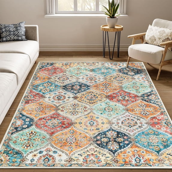 Hasoo Washable Area Rug 5' x 7' Floral Rug for Living Room Soft Polyester Accent Indoor Carpet, Orange