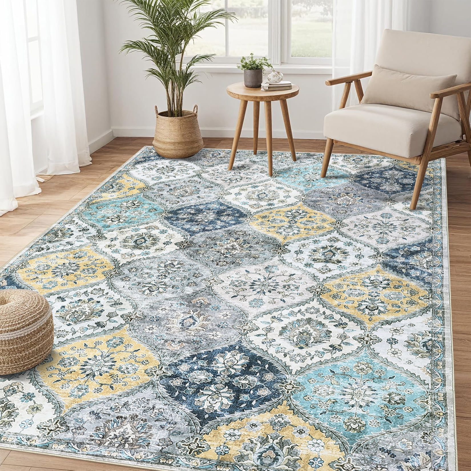 Hasoo Traditional Indoor Living Room Bedroom 8' x 10' Area Rug Non-Slip Machine Washable Carpet, Blue/Yellow