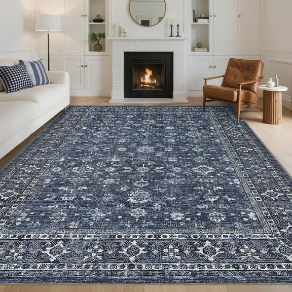 Hasoo Vintage Distressed Floral Area Rug for Living Room Washable 5' x 7' Non Shedding Neutral Indoor Decor Carpet, Blue