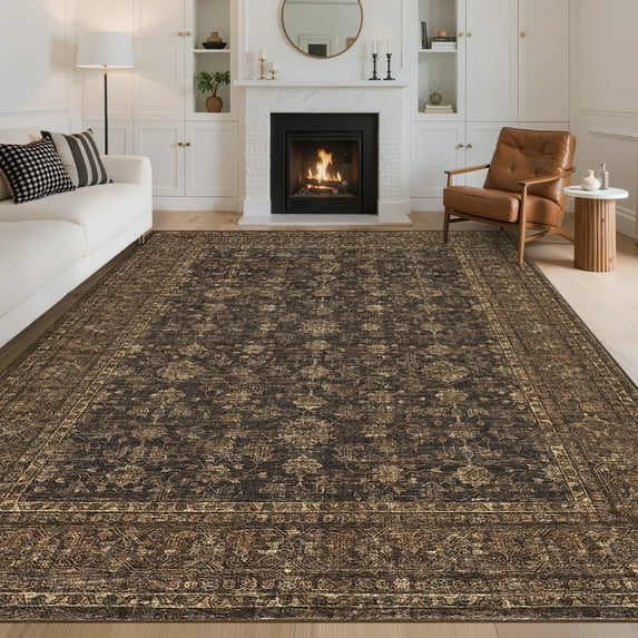 Hasoo Vintage Distressed Floral Area Rug for Living Room Washable 5' x 7' Non Shedding Neutral Indoor Decor Carpet, Brown
