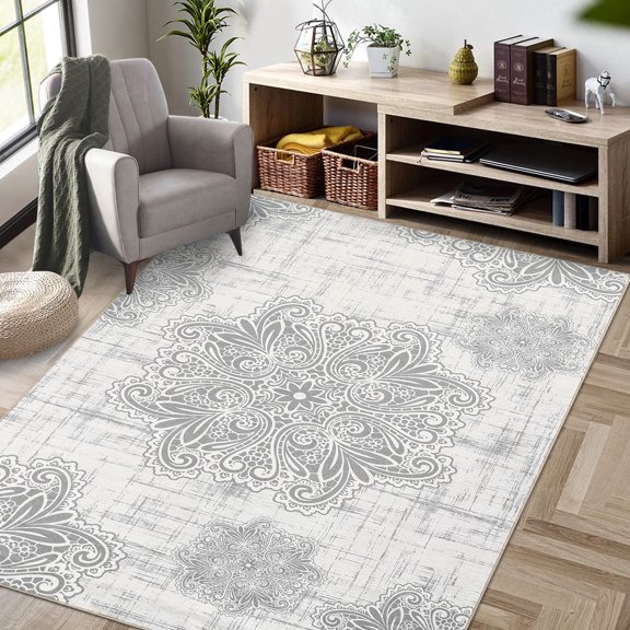 Hasoo Vintage Floral Area Rug 5' x 7' Flodable Floral Print Distressed Non Slip Indoor Rug for Living Room Bathroom Kitchen Bedroom Beige/Gray