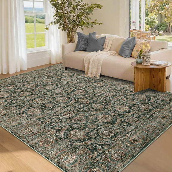 Hasoo Vintage Floral Area Rug for Living Room Washable 5' x 7' Non Shedding Neutral Indoor Decor Carpet, Black