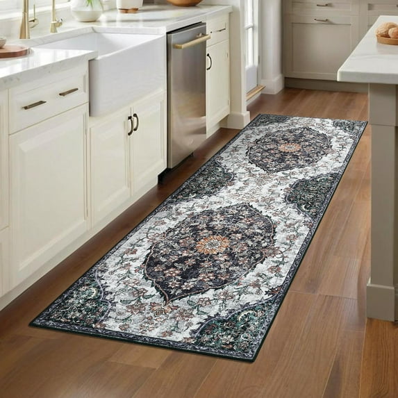 Hasoo Vintage Floral Runner Washable 2' x 6' Throw Rug for Hallway Kitchen Enterway Indoor Black Carpet