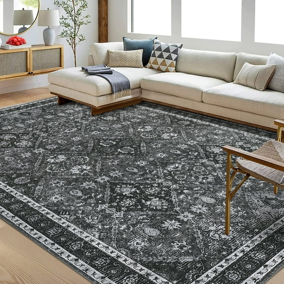 Hasoo Vintage Washable Area Rug 8' x 10' Rugs for Dining Room Moroccan Carpet, Black