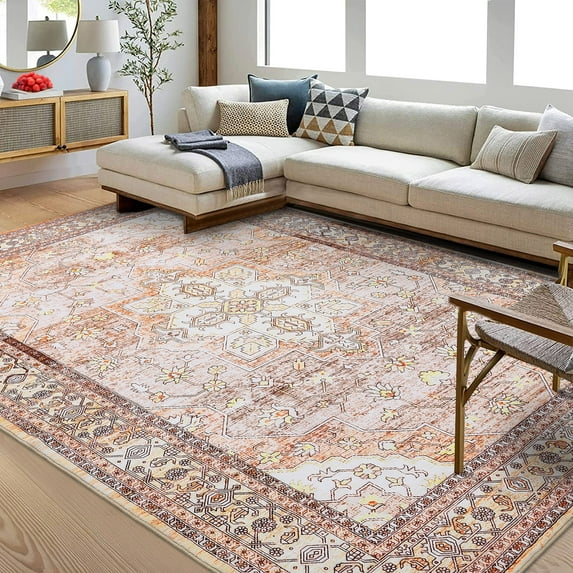 Hasoo Vintage Washable Rug Persian Tribal Area Rug for Living Room Oriental Floral Distressed Carpet for Bedroom Soft Low Pile Rug, 9' x 12' Orange