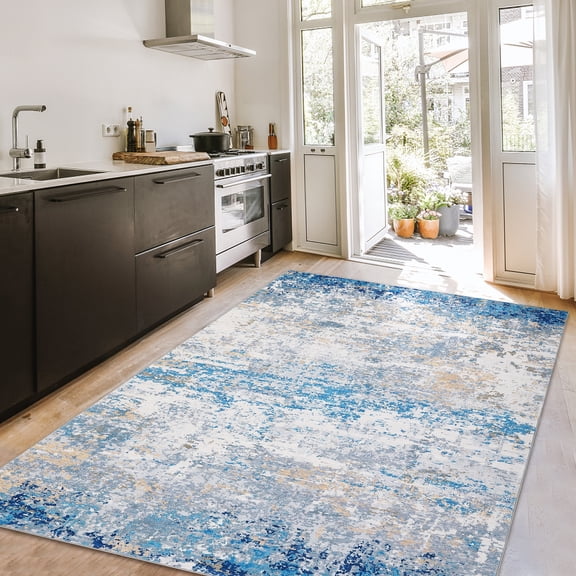 Hasoo Washable 4' x 6' Abstract Area Rug for Living Room Soft Indoor Modern Carpet, Blue