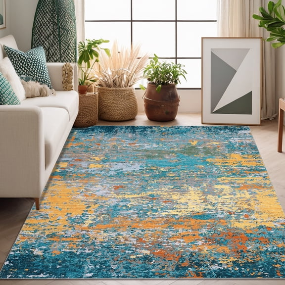 Hasoo Washable 4' x 6' Abstract Area Rug for Living Room Soft Indoor Modern Carpet, Yellow/Blue