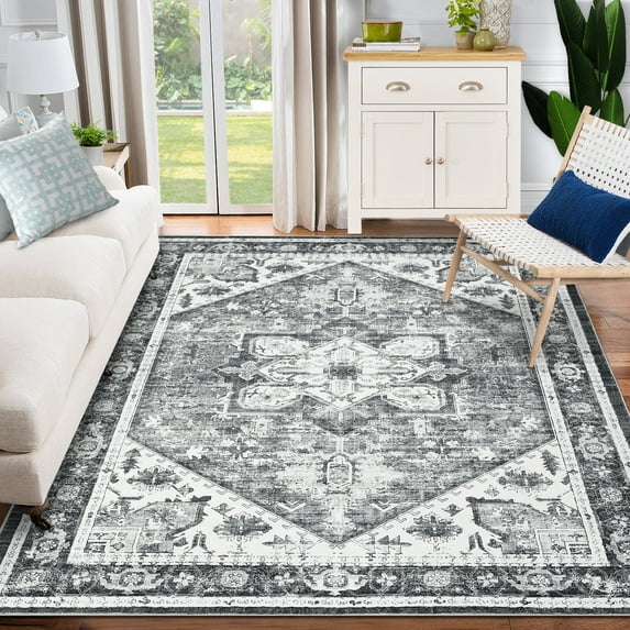 Hasoo Washable 5' x 7' Area Rug for Living Room Boho Vintage Rug Non Slip Throw Rugs Floral Bedroom Rug, Gray