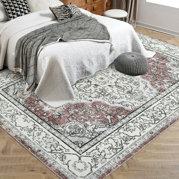 Hasoo Washable 5' x 7' Area Rug for Living Room Boho Vintage Rug Non Slip Throw Rugs Floral Bedroom Rug, Red