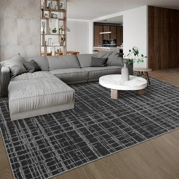Hasoo Washable 5' x 7' Geometric Grid Area Rug for Living Room Durable Non-Slip Soft Indoor Modern Carpet, Black
