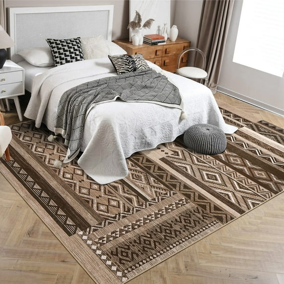 Hasoo Washable 5' x 7' Rugs Abstract Geometric Area Rug for Living Room Bedroom Soft Patchwork Carpet, Brown