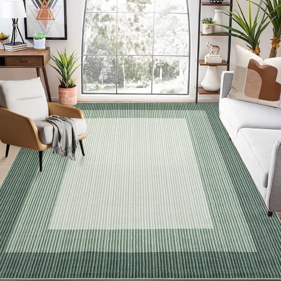 Hasoo Washable 5' x 7' Area Rug for Living Room Non Slip Bedroom Rug Bordered Textured Neutral Accent Carpet Green