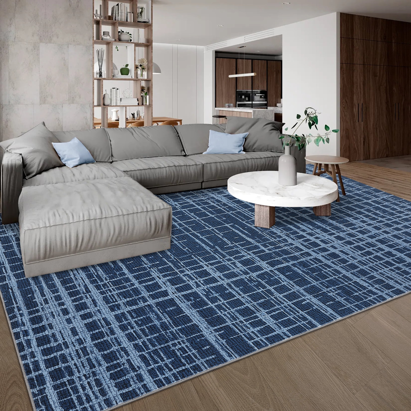 Hasoo Washable 8' x 10' Modern Geometric Grid Area Rug for Living Room Soft Indoor Carpet, Blue