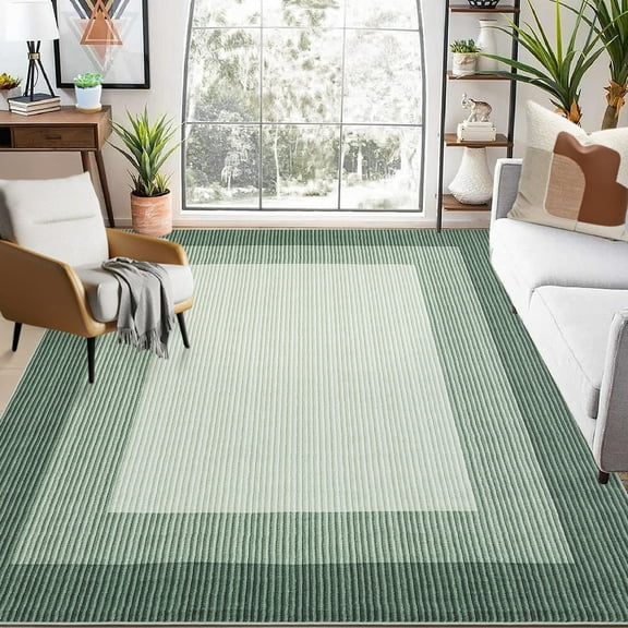Hasoo Washable 8' x 10' Area Rug for Living Room Non Slip Bedroom Rug Bordered Textured Neutral Accent Carpet Green