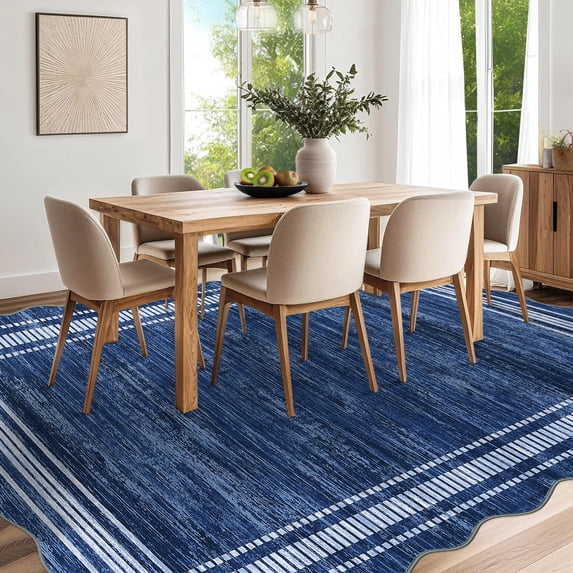 Hasoo Washable 9' x 12' Area Rug for Living Room Modern Indoor Scalloped Carpet Non-shedding, Navy