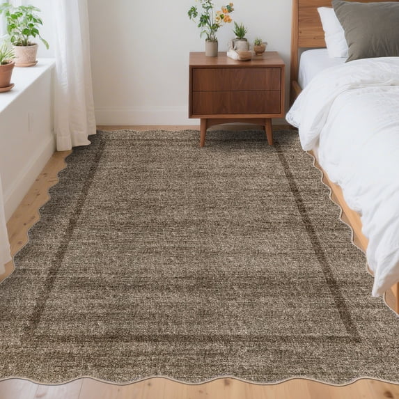 Hasoo Washable 9' x 12' Area Rug for Living Room Modern Indoor Scalloped Carpet Non-shedding, Taupe