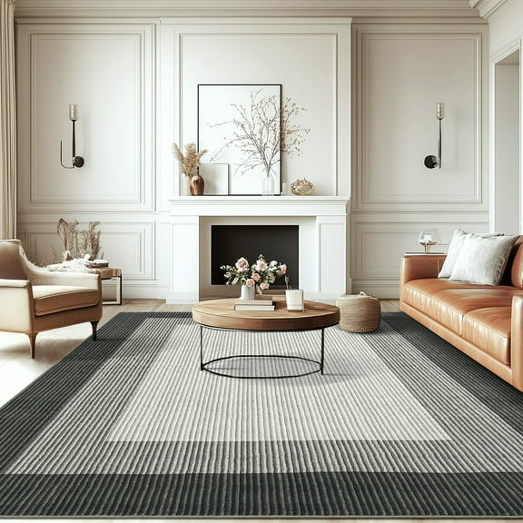 Hasoo Washable 9' x 12' Area Rug for Living Room Non Slip Bedroom Rug Bordered Textured Neutral Accent Carpet Black