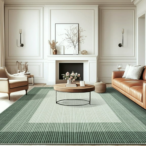 Hasoo Washable 9' x 12' Area Rug for Living Room Non Slip Bedroom Rug Bordered Textured Neutral Accent Carpet Green