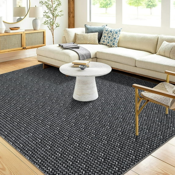 Hasoo Washable Area Rug 10x13 Rug for Living Room Modern Solid Black Braid Printed Floor Cover Carpet for Home Decor