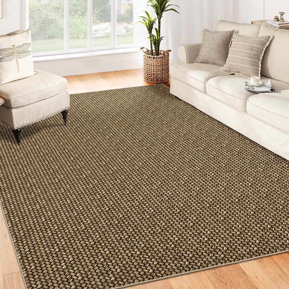 Hasoo Washable Area Rug 10x13 Rug for Living Room Modern Solid Brown Braid Printed Floor Cover Carpet for Home Decor