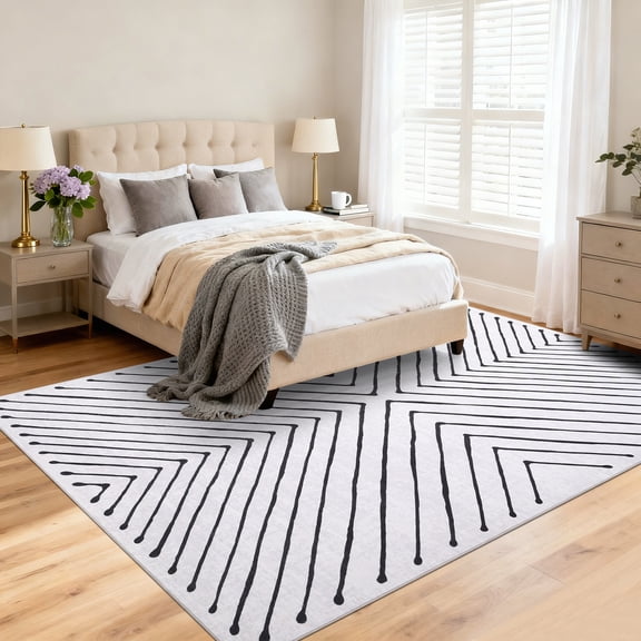 Hasoo Washable Area Rug 4' x 6' Rug for Dining Room Modern Indoor Striped Geometrical Carpet, Grey/Black