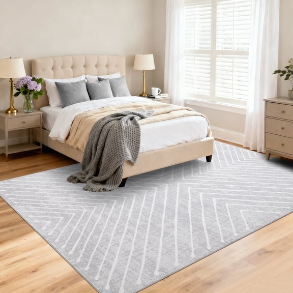 Hasoo Washable Area Rug 4' x 6' Rug for Dining Room Modern Indoor Striped Geometrical Carpet, Light Gray