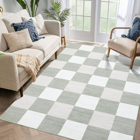 Hasoo Washable Area Rug 5' x 7' Checked Style Rugs for Living Room Non-Slip Accent Indoor Carpet Gray