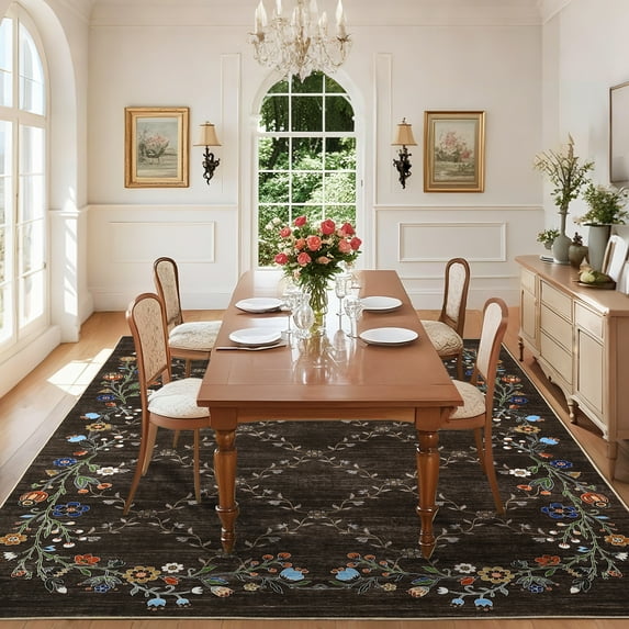 Hasoo Washable Area Rug 5' x 7' Floral Border Rug for Living Room Soft Polyester Accent Indoor Carpet, Brown