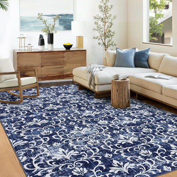 Hasoo Washable Area Rug 5' x 7' Rugs for Dining Room Modern Damask Floral Pattern Carpet, Blue