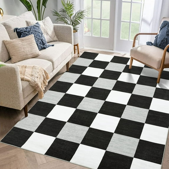 Hasoo Washable Area Rug 8' x 10' Checked Style Rugs for Living Room Non-Slip Accent Indoor Carpet Black