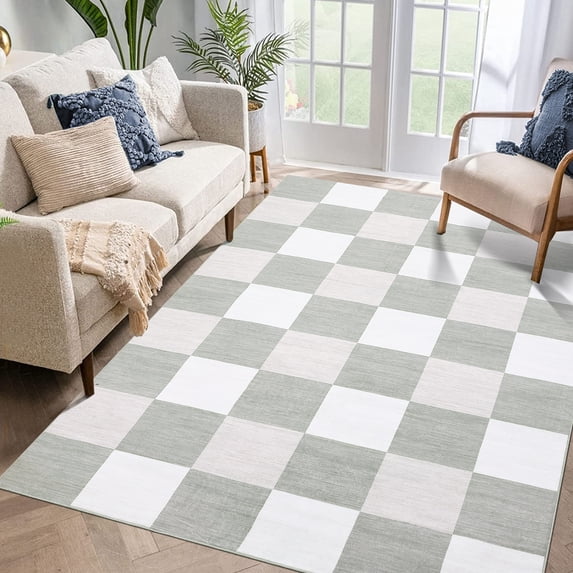 Hasoo Washable Area Rug 8' x 10' Checked Style Rugs for Living Room Non-Slip Accent Indoor Carpet Gray