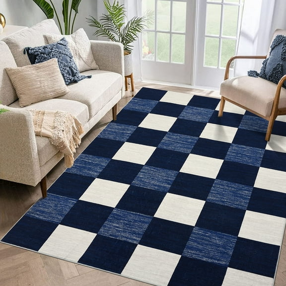 Hasoo Washable Area Rug 8' x 10' Checked Style Rugs for Living Room Non-Slip Accent Indoor Carpet Navy