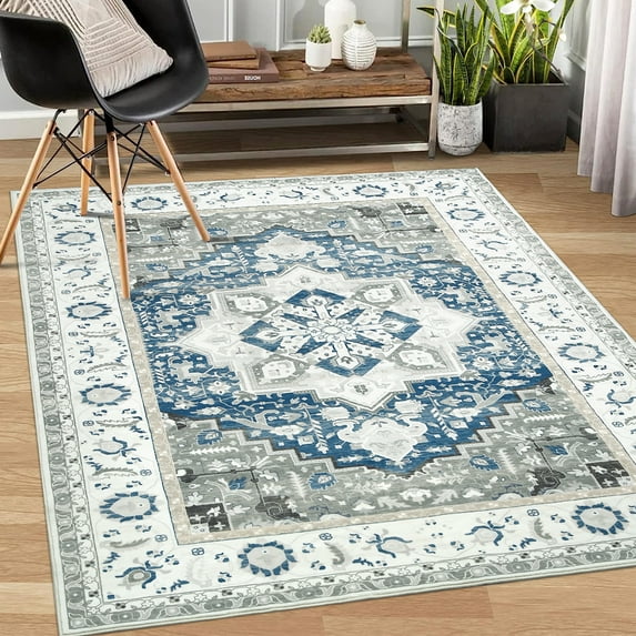 Hasoo Washable Area Rug 8'x10' Large Persian Rug for Living Room Boho Vintage Floral Area Rug, Bed Room Dining Room Soft Accent Rug Farmhouse Office Home Decor, Blue