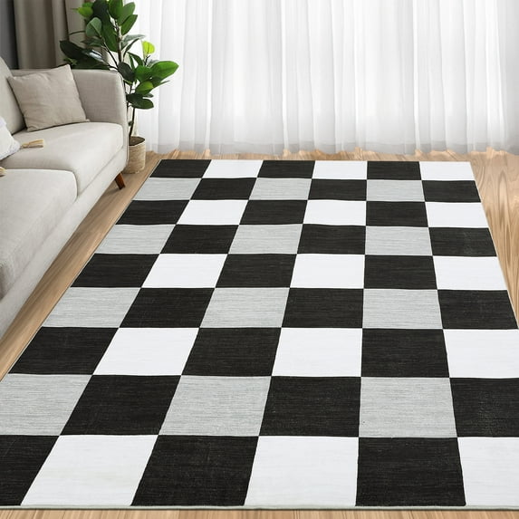 Hasoo Washable Area Rug 9' x 12' Checked Style Rugs for Living Room Non-Slip Accent Indoor Carpet Black