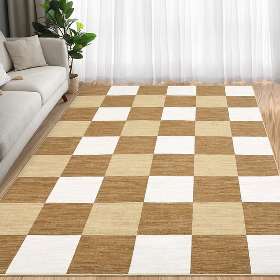 Hasoo Washable Area Rug 9' x 12' Checked Style Rugs for Living Room Non-Slip Accent Indoor Carpet Camel