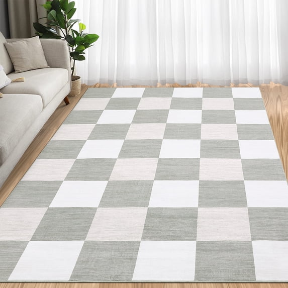Hasoo Washable Area Rug 9' x 12' Checked Style Rugs for Living Room Non-Slip Accent Indoor Carpet Gray