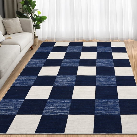Hasoo Washable Area Rug 9' x 12' Checked Style Rugs for Living Room Non-Slip Accent Indoor Carpet Navy
