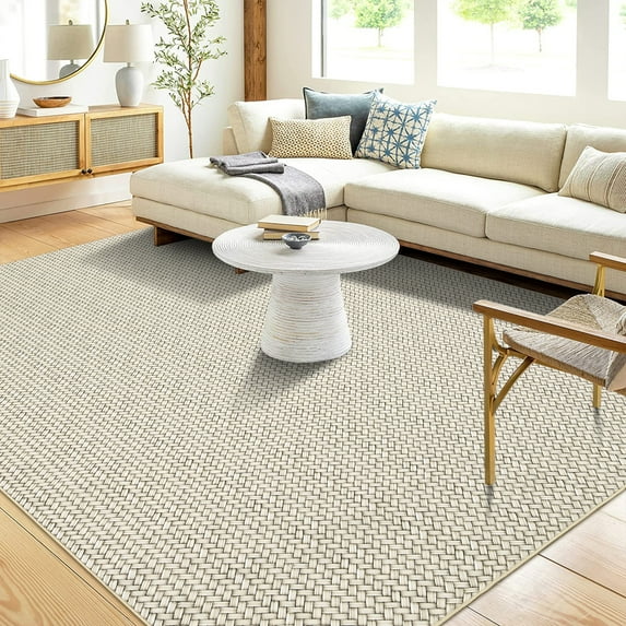Hasoo Washable Area Rug 9x12 Rug for Living Room Modern Solid Beige Braid Printed Floor Cover Carpet for Home Decor