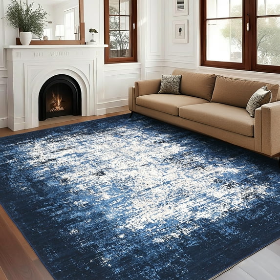 Hasoo Washable Area Rug Modern Border Abstract Rug for Living Room Indoor Non-Slip Carpet, 5' x 7' Navy